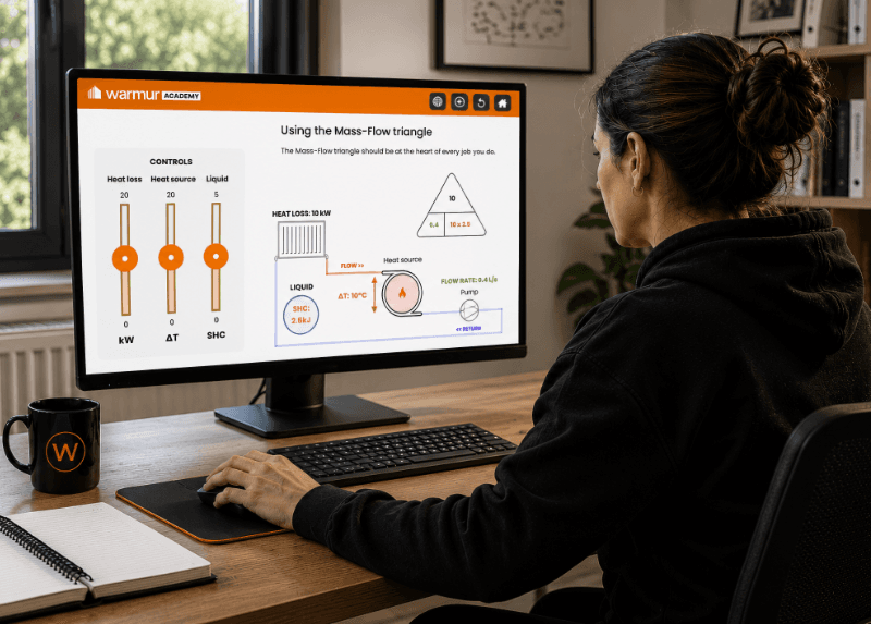 A heating engineer working through a velocity simulator on the Warmur Academy online programme.